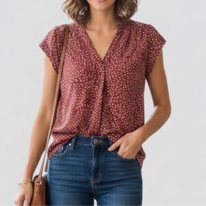 Fun 2 Fun Red and White Dotted V-Neck Blouse